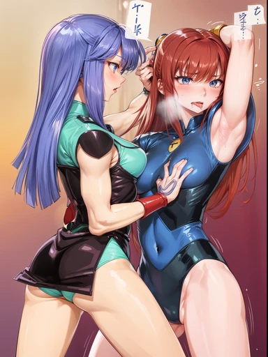 2Female fighters、Japanese girl、Close-up of a girl in a blue swimsuit、Blue glossy swimsuit、black fishnet stockings、Blue shiny boots、saiyan girl, wonderful, nano girl, Female Body Type, Inspired Hiromu Arakawa, anime manga robot!! anime girls, fubuki, full body suit, Hiromu Arakawa、wonderful, Silk, Beautiful and attractive anime , anime girls of the future, Tears,drools,list,Sub,show tongue,incontinence,listing、Estrus、eyes wide open,Estrus,blushing,nipples stand straight,Face is hot、lust、incontinence、armpit hair、pubic hair、nipples stand straight、My crotch is wet、Be discreet、Massaging her breasts
