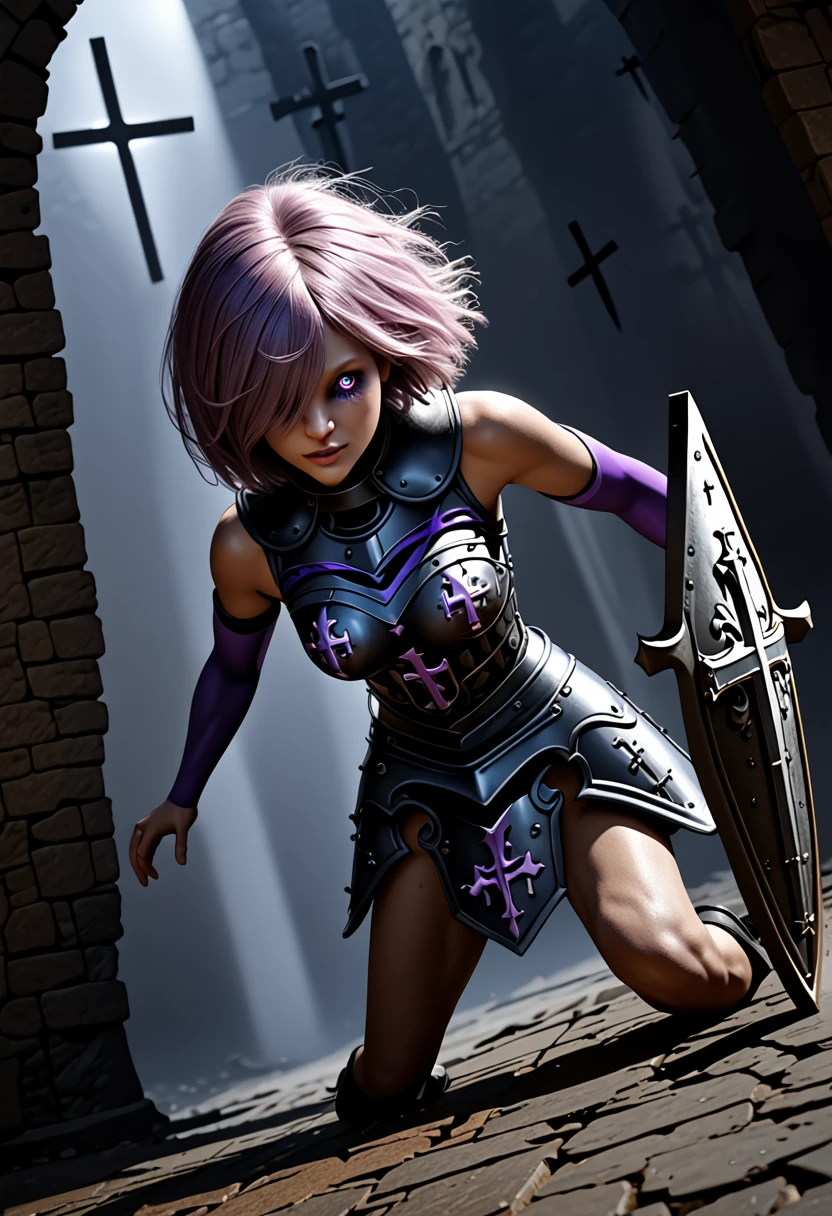 (highest quality, 4K, 8K, High resolution, masterpiece:1.2), Super detailed, (realistic, フォトrealistic, フォトrealistic:1.37), dark fantasy art, ((large cross shield design:1.9)), An illustration, Metallic material, Detailed engraving, decorative patterns, full body, extremely detailed, detailed face and eyes, cinematic light, depth of field, 1girl, seducing smile, striking eyes, solo, official, dark armor, mash kyrielight, light purple hair, short hair, hair over one eye, slim body, Dark and moody atmosphere, Spooky lighting, a menacing presence, ominous shadow, ominous fog, Bright colors, high contrast, sharp focus, concept art, medieval setting, dramatic perspective, crumbling architecture, (detailed eyes:1.2), (detailed background), (dynamic angle:1.2), (dynamic pose:1.2), Magic Tips