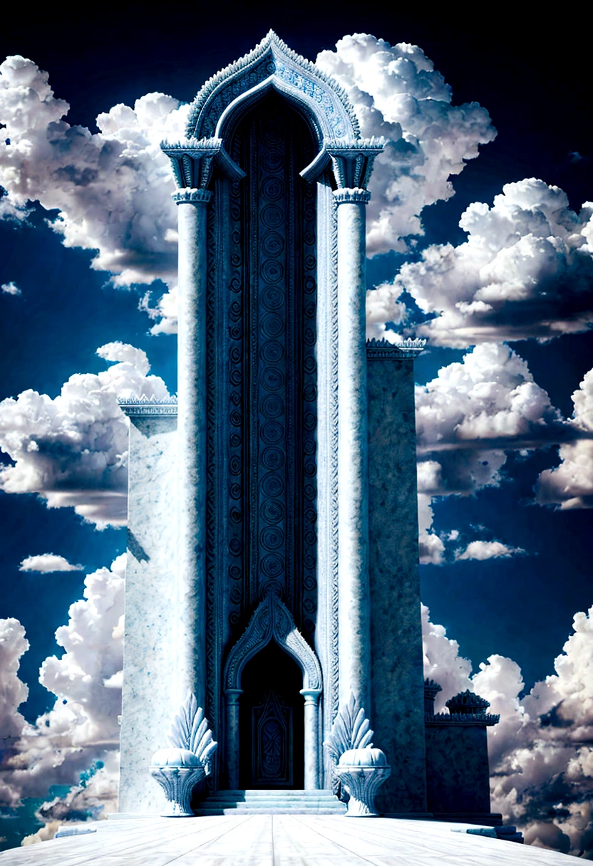 Throne with no one sitting in it , made of clouds , dynamic front perspective