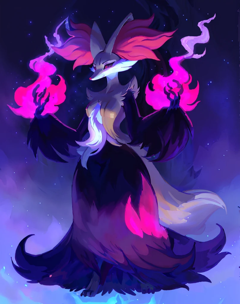 A closeup of a cartoon character with long hair, dark fox wizard, pira, Aura of darkness, painted in the arcane style, arcane art style, full portrait of elementalist, /!\ the sorceress, Glowing black aura, dark sorceress full view, evil aura, sorceress, Pokémon, delphox