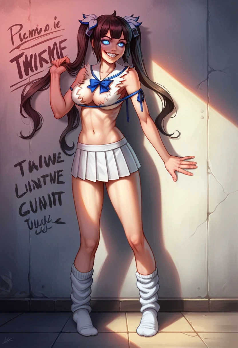 hestia danmachi masterpiece, premium, The extremely detailed CG Unity 8K wallpapers, Ultra-realistic 8kCG, perfect work of art, The perfect female figure, dramatic shadows, (stand out, perfect lighting, Detailed light, (((1 girl in))), ((sharp face)), ((Brown hair, wavy fur)), (((pose sexy))), Model Body Type, The navel is visible, big and full breasts, ((Beautiful face)), (smiling softly: 1.2), (asymmetrical bangs, Beautiful eyelashes), beautiful face, (beautiful chest line:1.2), (neckline), beautiful a girl, Exquisite facial features that represent the perfect face., Cold, Naturally beautiful, perspiration, Skinny body, Light and beautiful thigh expression., high school girl, high , A sailor suit, pleated skirt, loose socks, In front of a wall full of graffiti, evening, (((Leaning on the wall, Is standing))), award-winning photo, details, realistic lights and shadows, 8K resolution, Professional lighting, (glowing skin:0.9), perfect hand,