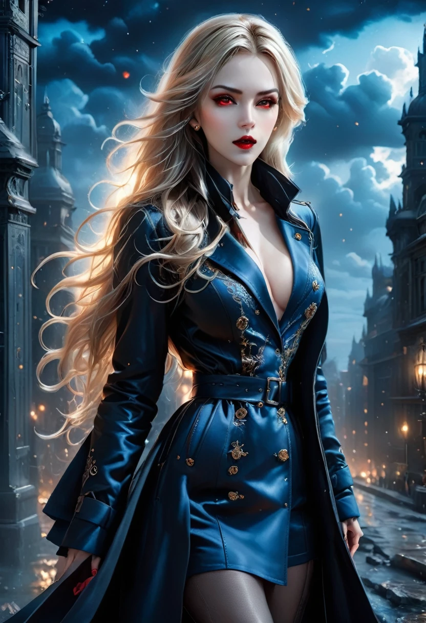 fantasy art, modern and gothic art, (masterpiece:1.5), full body best details, highly detailed, best quality,  highres, full body portrait of a female vampire (Masterpiece, best quality: 1.6), ultra feminine, with a long curvy hair, blond hair, (red:1.3) eyes, ((beautiful delicate face)), Ultra Detailed Face (wearing elegant glamour open black trench coat: 1.5) , (flowing black trench coat: 1.5), wearing an intricate (blue suit: 1.2)  (intricate details, Masterpiece, best quality: 1.3), high heeled boots, urban background (intense details, beat details), fantasy, at night light, natural ,moon light, clouds, gothic atmosphere, soft light, ((anatomically correct)), high details, best quality, 16k, [ultra detailed], masterpiece, best quality, (extremely detailed), dynamic angle, drkfntasy, Intense gaze