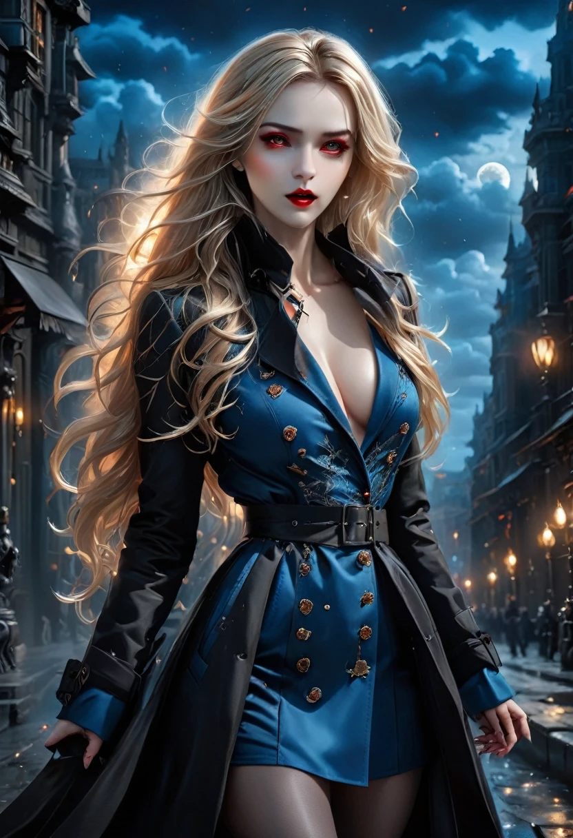 fantasy art, modern and gothic art, (masterpiece:1.5), full body best details, highly detailed, best quality,  highres, full body portrait of a female vampire (Masterpiece, best quality: 1.6), ultra feminine, with a long curvy hair, blond hair, (red:1.3) eyes, ((beautiful delicate face)), Ultra Detailed Face (wearing elegant glamour open black trench coat: 1.5) , (flowing black trench coat: 1.5), wearing an intricate (blue suit: 1.2)  (intricate details, Masterpiece, best quality: 1.3), high heeled boots, urban background (intense details, beat details), fantasy, at night light, natural ,moon light, clouds, gothic atmosphere, soft light, ((anatomically correct)), high details, best quality, 16k, [ultra detailed], masterpiece, best quality, (extremely detailed), dynamic angle, drkfntasy, Intense gaze