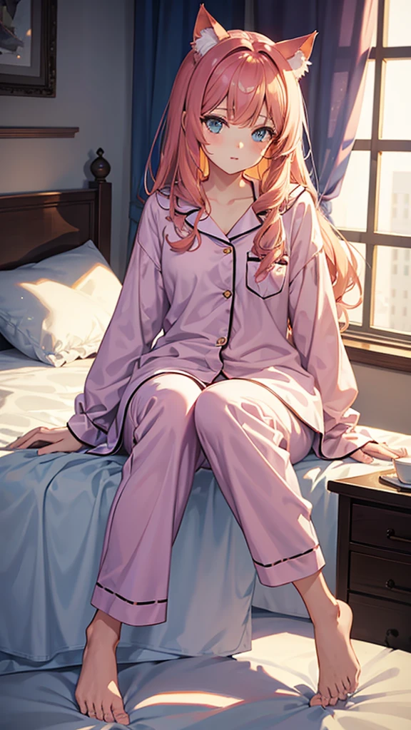 Beautiful girl, cat ears, pajamas, sitting on the bed,