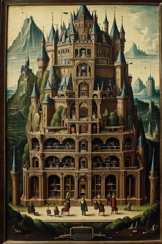antique image of a big rack full of controls, gadgets, lights and wires and three men playing a synthesizer, with only one castle in the background, hieronymus bosch style, three men, big rack full of controls and wires, three men, masterpiece.