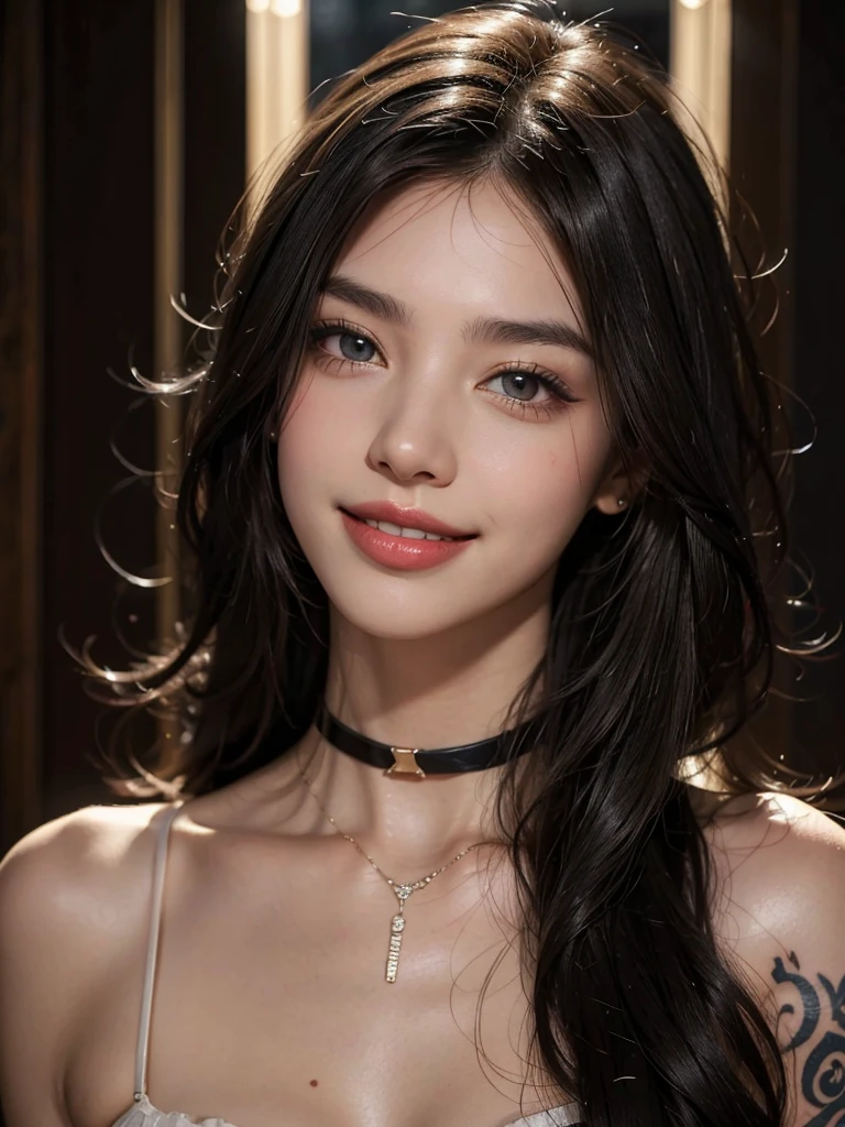 1girl, alone, solitary, high quality, (best quality,4k,8k,highres,masterpiece:1.2),ultra-detailed,(realistic,photorealistic,photo-realistic:1.37),gorgeous hair,black hair,long straight hair with bangs,sharp eyes,mole under the eye,plump lips,jewelry,(high detailed skin:1.4),(rim lighting:1.3),(lit:1.3),(sunny day:1.3),portrait,beautiful lips,waist-length hair,seductive gaze,moles,casual clothes,colorful clothing,close up,super long hair,choker necklace,tattoos,tattooed,light eyes,bangs,fringe,20 year old,dimples on the cheeks,dimples,black hair,darkblackhair,dark jet black hair,black,dark hair,beautiful smile,perfect teeth,straight teeth,perfect sized teeth,dazzling smile,red lips,red lipstick