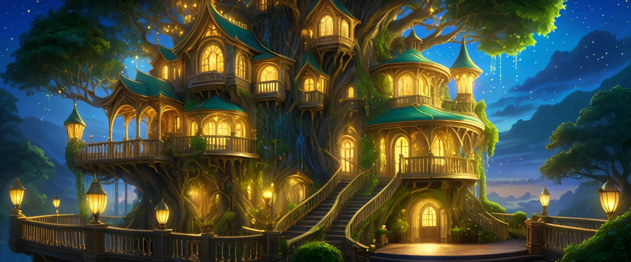 (whimsical treehouse,multiple floors,balconies,large tree,vibrant greenery,magical effect,fantasy,detailed environment,intricate architecture,lush foliage,warm lighting,enchanting atmosphere,highly detailed,cinematic,photorealistic,masterpiece:1.2,ultra-detailed,realistic,stunning,beautiful,detailed)