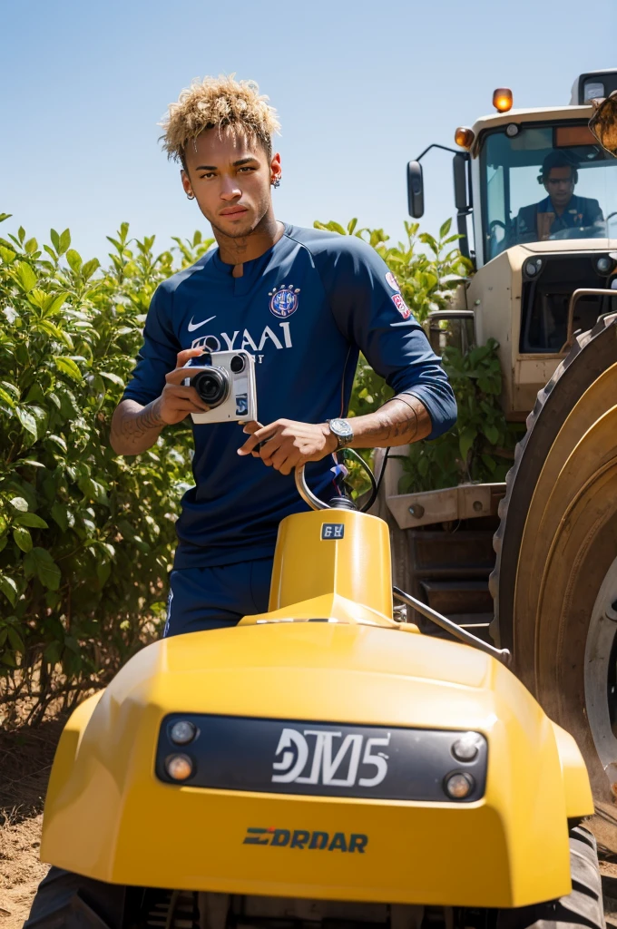 Neymar taking a photo with an agricultural machine