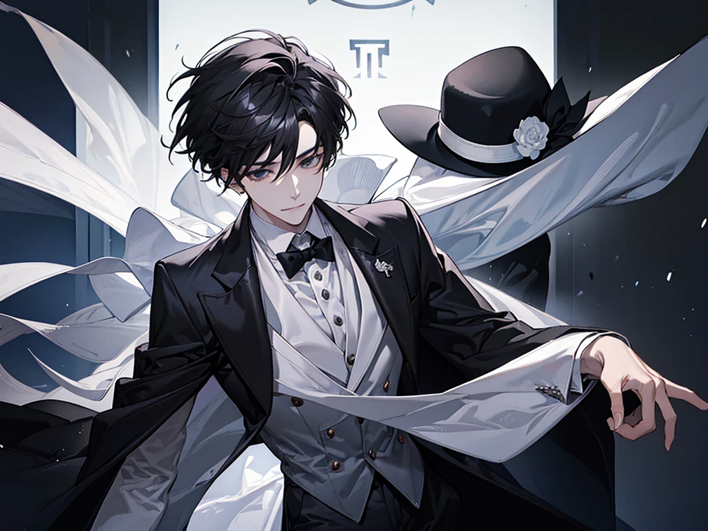 a man, with black hair, wearing a white hat, white suit and black shirt and white tie, a time lord, he is handsome, half body smile facing the camera, kerenn🔥