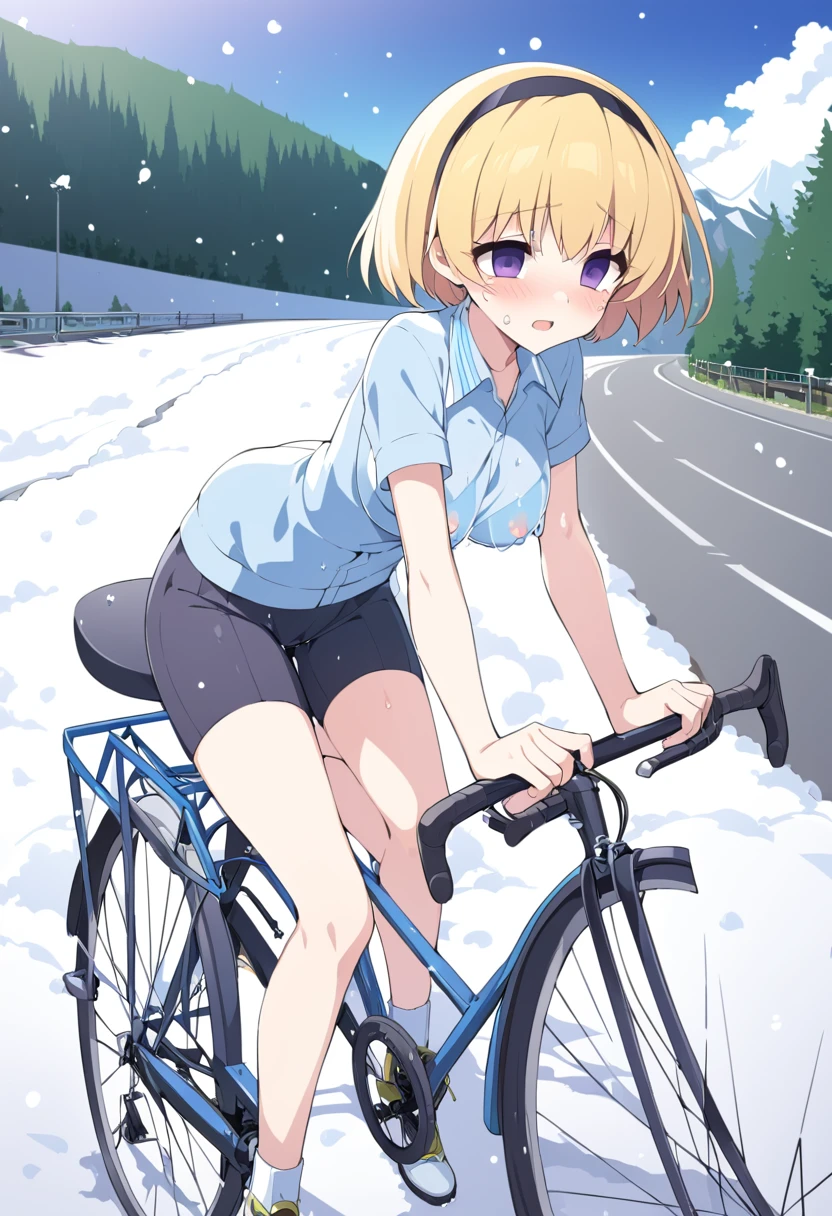 blonde hair, short hair, hairband, Purple eyes, ars old, , empty eyes , large breasts, solo, nipple, ride a bicycle, , Heavy snowfall area　frozen wet crying mountain solo