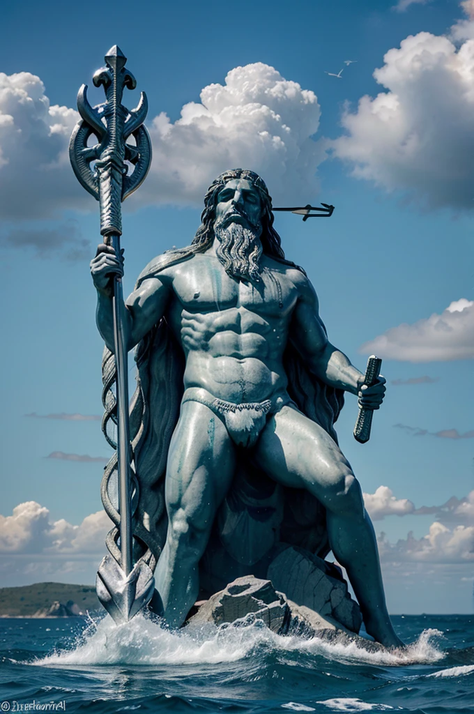 Por favor, create a high resolution image of Poseidon, the Greek god of the seas and earthquakes. He must be portrayed in a majestic pose, holding his trident with three prongs. Poseidon must be surrounded by choppy waters and with a cloudy sky in the background, capturing its aura of power and dominance over the oceans. The figure of Poseidon must be imposing and detailed, with attention to the classic traits of a Greek god, like flowing hair and beard. Colors should reflect the depth and serenity of the seas, with emphasis on the trident as the central symbol of the composition."