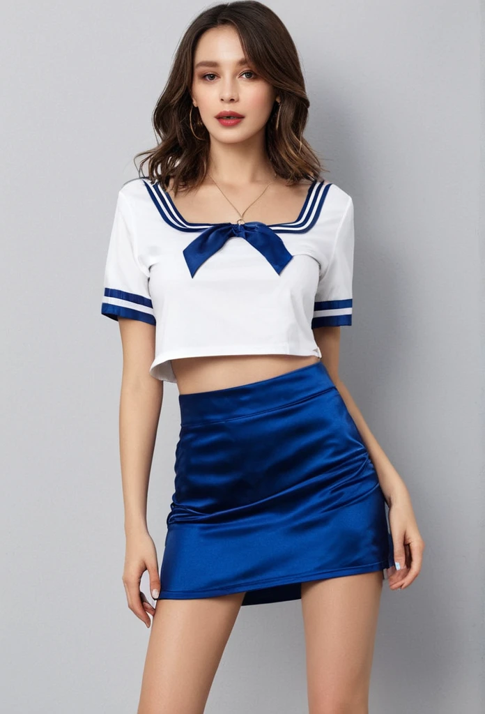 a woman wearing a simple summery sailor-inspired outfit. cropped T-shirt and skirt. loose white T-shirt with wide sleeves. Short sleeve. t-shirt featuring a square neckline. heavy cotton t-shirt . cropped, visible midriff. t-shirt in the style of royal navy class 2 square rig. Navy blue trim on hems. Skirt is deep blue silk, smooth material, satin reflective sheen, long ankle length pencil skirt, with side split