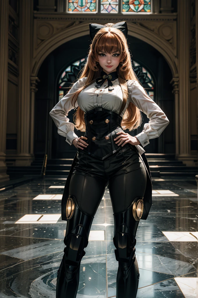 cowboy shot, dynamic pose, smile, underbust, Penny Polendina, long hair, neck ribbon, yoga pants, corset, black bow, white blouse, mechanical legs, neon trim, standing inside palace, hands on hips, marble floor, marble pillars, tall stained glass windows, BREAK gala, large crowd, (((crowd in military dress))), (volumetric lighting), intricate details, tonemapping, sharp focus, hyper detailed,