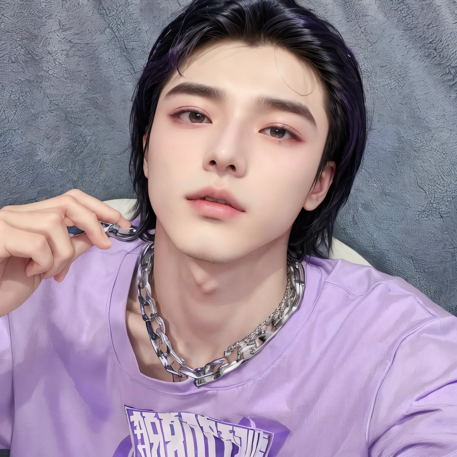 Arafed man with a purple shirt and a chain around his neck., cai xukun, Yanjun Chengt, inspired by Yanjun Cheng, wicked ulzzang, delicate androgynous prince, 1 7--old  with a thin face, inspired by Bian Shoumin, handsome japanese demon boy, pale korean adorable face, south korean man