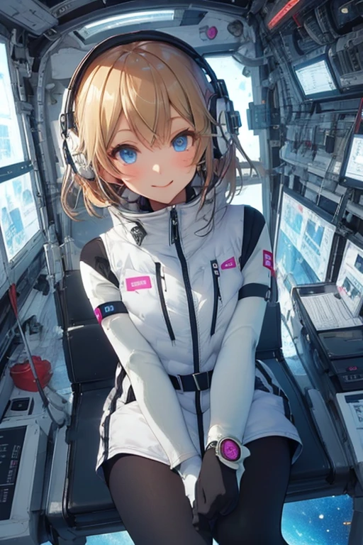 masterpiece, highest quality, high resolution, breasts, 20yo,1 girl,(solo):2,,blonde hair,(inside space station):2,flying:2,floatong:2,zero gravity,wind:1.5,anime lovelive style,

BREAK
headphone,(futurstic tight-fit bodysuit):2,(shiny silver long downvest):100,(northface silver metallic puffy downvest):2,(puffy):2,(black sleeves):5,(black tights):2,(black belt),futuristic boots and gloves,(smartwatch):100,astrovest
BREAK
1 girls, sitting in spacecraft cabin with 4-point seat belt, securely fastened, space station interior, looking out of large windows at Earth below, beautiful eyes, she have aluminum foil pouch,(aluminum foil pouch with plastic viewing window):2, contains nutritious liquid or puree together, smiling and chatting, bright and cheerful expressions, high quality cinematic lighting, detailed textures, sharp focus,blue hair,blue eyes,
