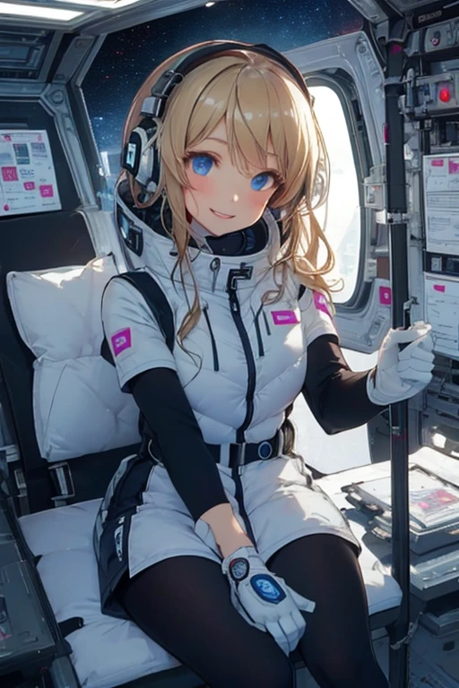 masterpiece, highest quality, high resolution, breasts, 20yo,1 girl,(solo):2,,blonde hair,(inside space station):2,flying:2,floatong:2,zero gravity,wind:1.5,anime lovelive style,
BREAK
headphone,(futurstic tight-fit bodysuit):2,(shiny silver long downvest):100,(northface silver metallic puffy downvest):2,(puffy):2,(black sleeves):5,(black tights):2,(black belt),futuristic boots and gloves,(smartwatch):100,astrovest
BREAK
1 girls, sitting in spacecraft cabin with 4-point seat belt, securely fastened, space station interior, looking out of large windows at Earth below, beautiful eyes, she have aluminum foil pouch,(aluminum foil pouch with plastic viewing window):2, contains nutritious liquid or puree together, smiling and chatting, bright and cheerful expressions, high quality cinematic lighting, detailed textures, sharp focus,blue hair,blue eyes,