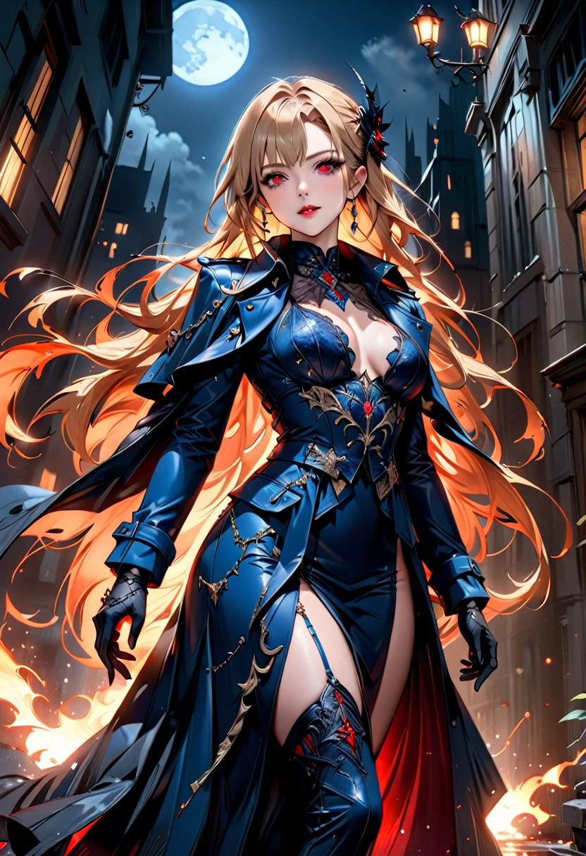 fantasy art, modern and gothic art, (masterpiece:1.5), full body best details, highly detailed, best quality,  highres, full body portrait of a female vampire (Masterpiece, best quality: 1.6), ultra feminine, with a long curvy hair, blond hair, (red:1.3) eyes, ((beautiful delicate face)), Ultra Detailed Face (wearing elegant glamour open black trench coat: 1.5) , (flowing black trench coat: 1.5), wearing an intricate (blue suit: 1.2)  (intricate details, Masterpiece, best quality: 1.3), high heeled boots, urban background (intense details, beat details), fantasy, at night light, natural ,moon light, clouds, gothic atmosphere, soft light, ((anatomically correct)), high details, best quality, 16k, [ultra detailed], masterpiece, best quality, (extremely detailed), dynamic angle, drkfntasy, evening dress