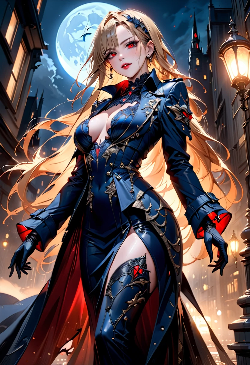 fantasy art, modern and gothic art, (masterpiece:1.5), full body best details, highly detailed, best quality,  highres, full body portrait of a female vampire (Masterpiece, best quality: 1.6), ultra feminine, with a long curvy hair, blond hair, (red:1.3) eyes, ((beautiful delicate face)), Ultra Detailed Face (wearing elegant glamour open black trench coat: 1.5) , (flowing black trench coat: 1.5), wearing an intricate (blue suit: 1.2)  (intricate details, Masterpiece, best quality: 1.3), high heeled boots, urban background (intense details, beat details), fantasy, at night light, natural ,moon light, clouds, gothic atmosphere, soft light, ((anatomically correct)), high details, best quality, 16k, [ultra detailed], masterpiece, best quality, (extremely detailed), dynamic angle, drkfntasy, evening dress