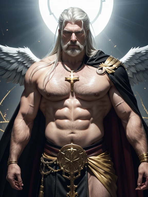 Hyperrealistic image of an old man with his body surrounded by branches of thorns stuck in his body and bleeding over 80 years old blonde Nordic warrior holy martyr archangel superhero with rays of light coming out of his body with two black wings spread out with gray hair and a halo of course with rays of light on his super heavy head and a very fat and very handsome bodybuilder with huge, flabby pecs and very sweaty big pointy ??????? in a sky of very white clouds dressed only in a leather and gold Roman skirt and a cape and a large cross of gold and jewels on his ????? 