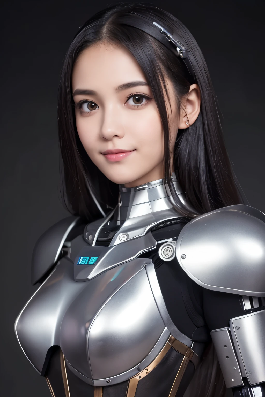 (Realistic: 1.4), 1 Girl, (Highest quality), (Highly detailed face), (Very beautiful face), (((Robot parts)), (Cyborg Girl),(Only the bust is beige), (Silver), (metallic), (whole body), (Moe pose), (thin), (), (Model Body Type), (Mecha Exposure),(Control panel),(corset),(Black metal color), (looking at the camera), (Black Hair), (9 heads), (Small face), (Well-groomed fingers) , (Idol), (front), (Are standing), (Photo session), (smile), (Costumes)