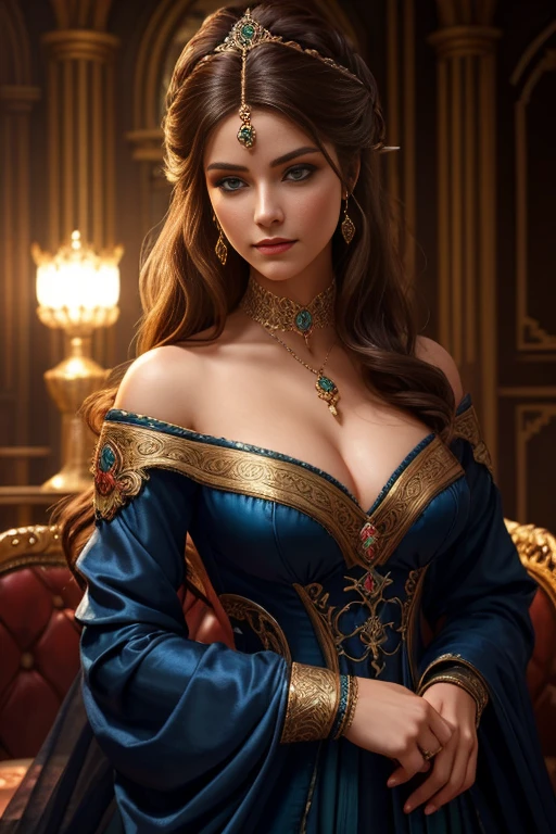 a beautiful woman, perfect face, detailed eyes, seductive expression, luxurious hair, 13th century elegant attire, alluring pose, dramatic lighting, cinematic composition, vibrant colors, fantasy art style, photorealistic, 8k, best quality, masterpiece