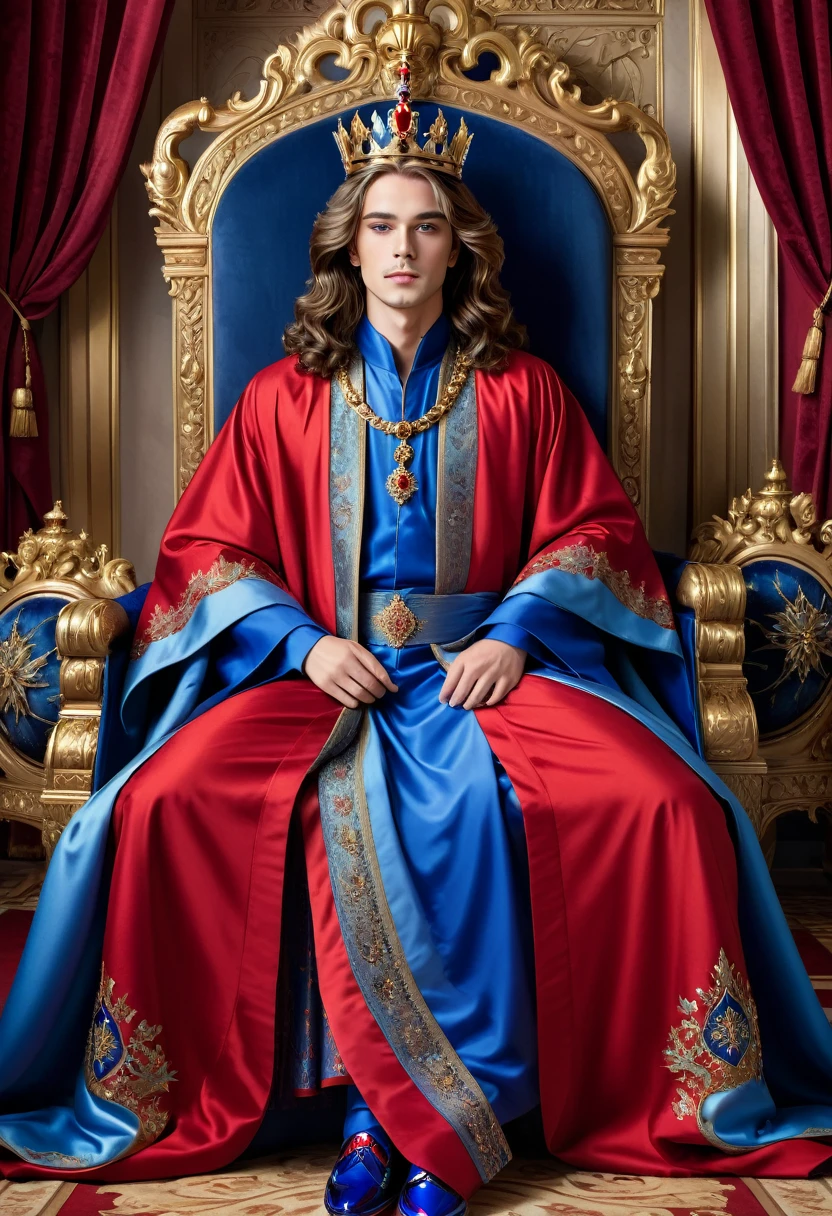 A portrait of a young and majestic king, exuding serenity and wisdom. He is dressed in a stunning ensemble of red and blue clothes, with a flowing robe and ornate blue shoes. His long, wavy hair frames his face, and he is adorned with a royal crown that compliments his regal bearing. The background is a grand throne room, filled with intricate details and a feeling of grandeur.