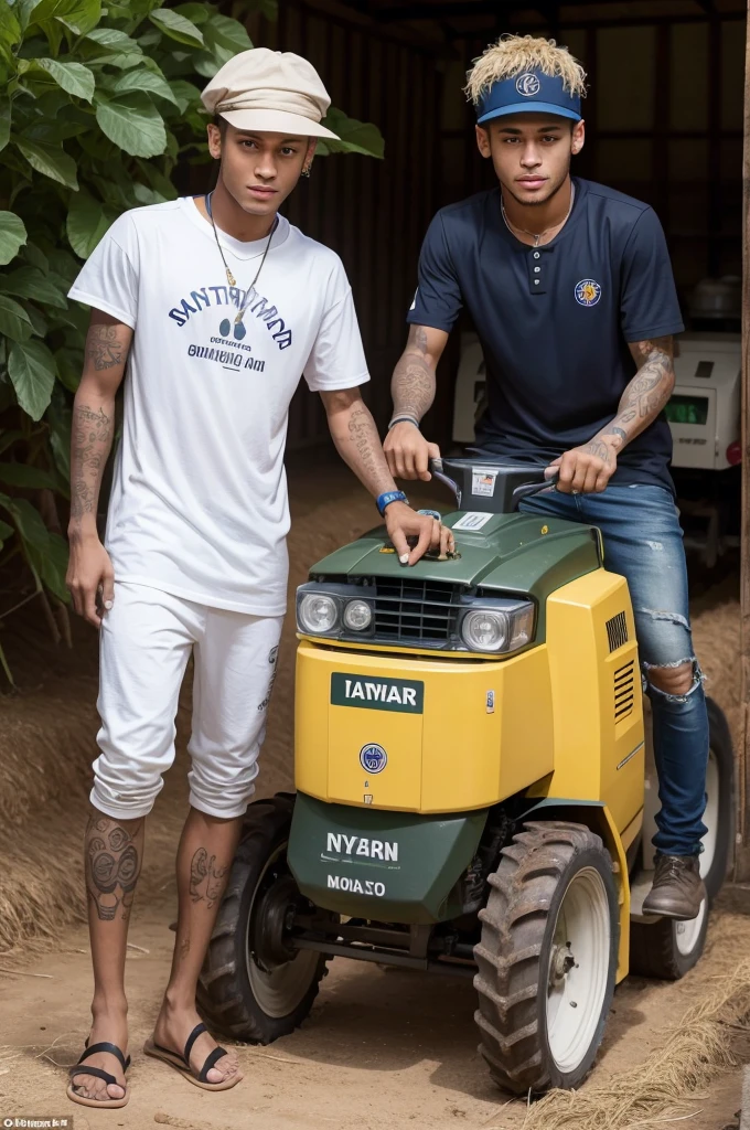 Neymar taking a photo with an agricultural machine 
