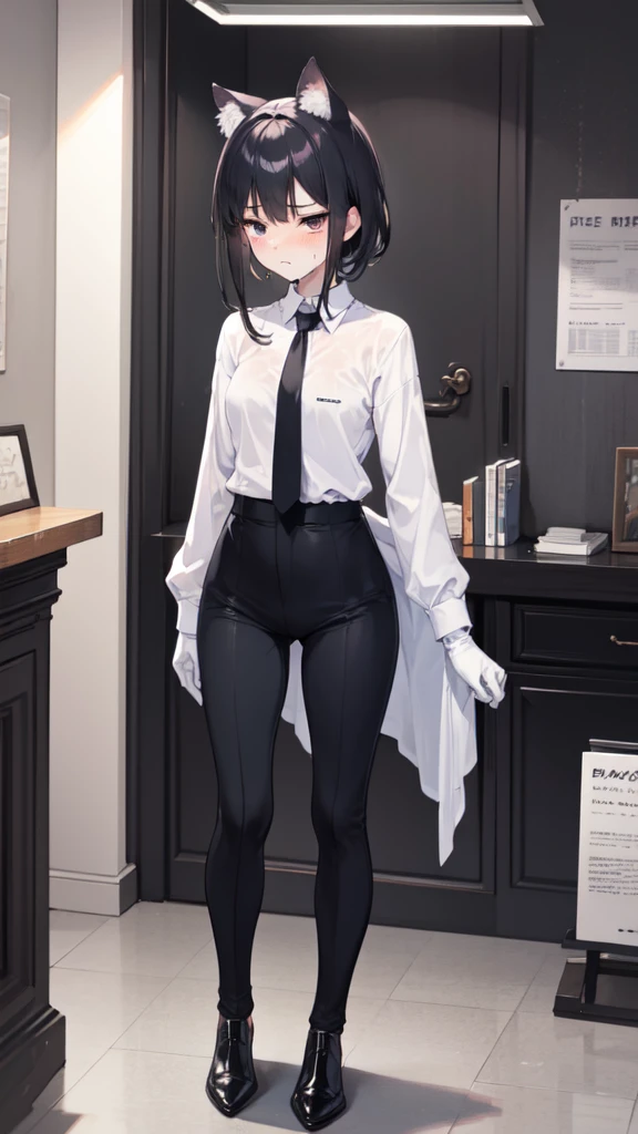 18-year-old Shota,cute,Wear a white long-sleeved shirt and a black work tie,Wear black pants,Wear black booties,Wear white gloves,wear cat ear,Wearing a collar,Black hair,Black eyes,Very thin waist,Very thin legs,Handsome,Disdainful and cold expression,shy,blush,Sweating,porn,Is giving sexual assault,Glove removal action