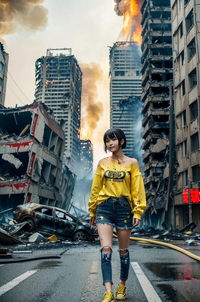 ((1 GIRL)) ((2d anime girl)), ((Japanese)) mature female,18-year-old, ((2d anime girl)), ((short dark-haired)), ((windswept hair)) ((ultra high quality)) ((4k UHD)) ((Best Quality)) ((Daytime)) ((eyes glowing yellow )), wearing a ((black long sleeve shoulderless T-shirt)) with the slogan ((KAIJU)) in RED letters, wearing blue jeans and black and yellow sneakers with (((blood splattered))) on it and her face, standing in the street ((facing toward the camera)) in a ((ruined city)) filled with ((heavily damaged)) and worn (( tall skyscrapers with gaping holes in their structures while on fire)) and ((crushed vehicles on fire)) and small and ((raging fires all around)) and an expressionless look on her face, with a giant monster kaiju-beast in the distance looking furocious.