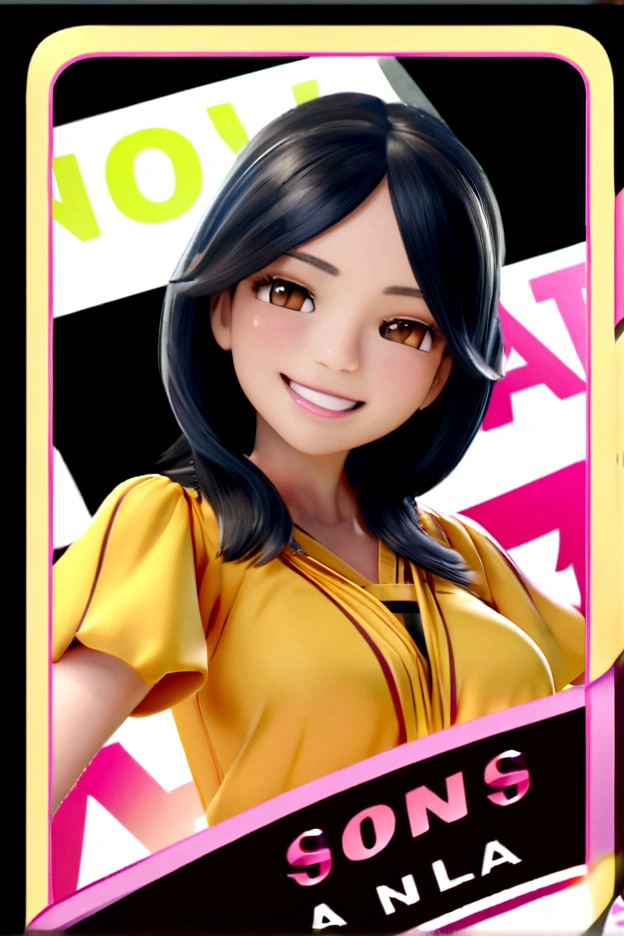 Create a Pixar style 3D female character with big brown eyes smiling with teeth showing smiling with long black hair wearing a yellow blouse . written on top Kamilla Duarte and on the bottom you put a black stripe with pink letters with yellow written now it's her and put two women's high heel shoes under the letters