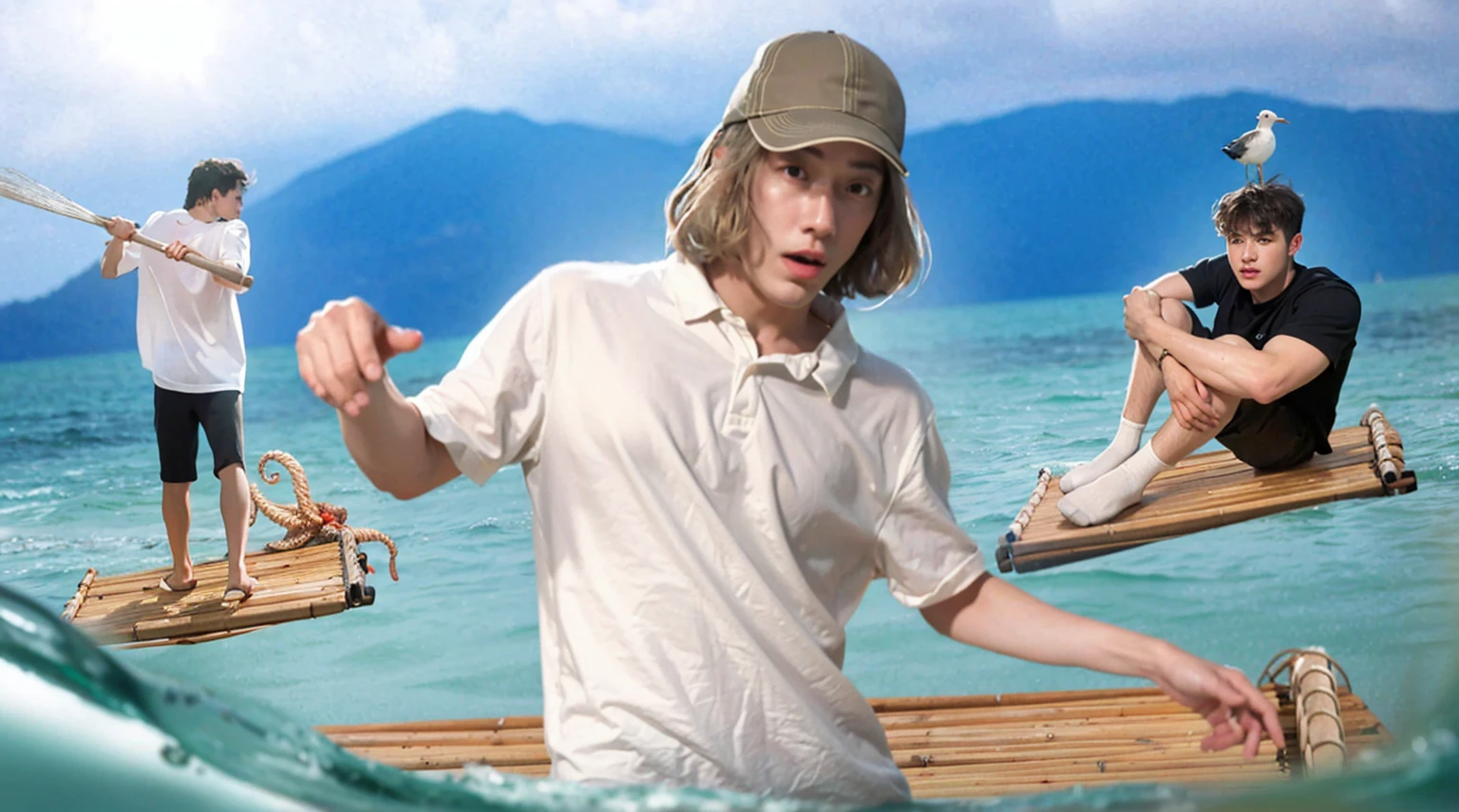 sea, sea spray, the raft, man, 8k,raw photo,best quality, octane render, masterpiece (photorealistic:1.2), professional lighting extremely detailed face, light on the face, cinematic lighting, highly detailed