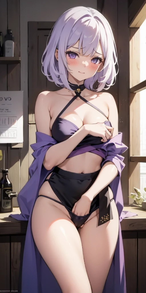 1 girl, open lips, blush, cosmetic, faint smile, white hair, purple eyes, crop top, skirt, light, glow, thigh, clavicle, Willow Yao, (masterpiece), wallpaper, hand in panties