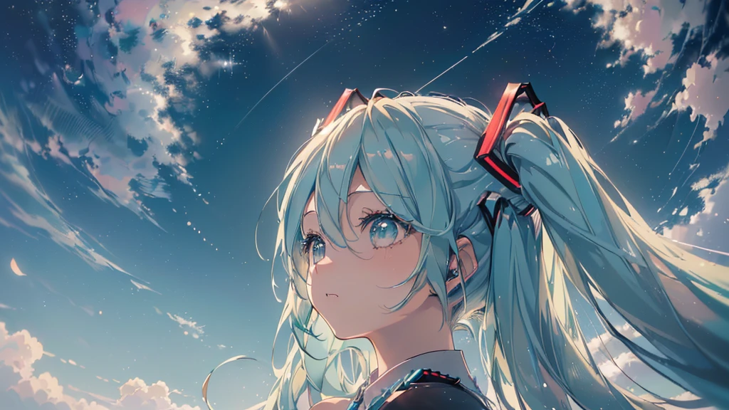 ((Asahi), ((Beautiful eyes)), (((Hatsune Miku))), (((Highest quality、masterpiece、Ultra-fine、Ultra-fine、Exquisite、16K、Full HD,))) 、(((profile、Looking up))),Long eyelashes、White skin、(thin and long)、 ((cute)) ((One person)) 、night