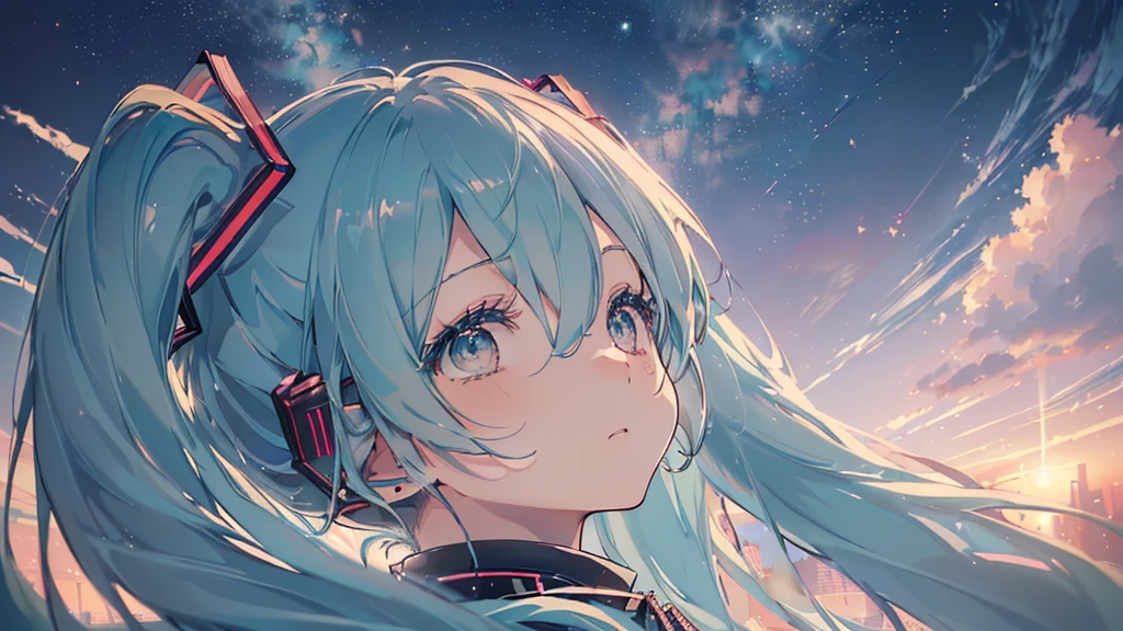 ((Asahi), ((Beautiful eyes)), (((Hatsune Miku))), (((Highest quality、masterpiece、Ultra-fine、Ultra-fine、Exquisite、16K、Full HD,))) 、(((profile、Looking up))),Long eyelashes、White skin、(thin and long)、 ((cute)) ((One person)) 、night
