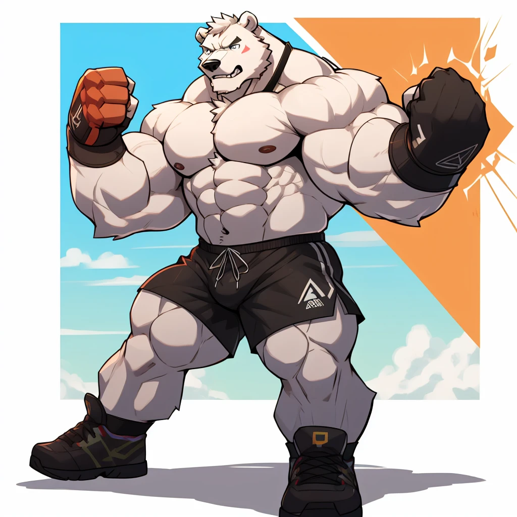 Huge muscular thick white fur Polar Bear bodybuilder shirtless in blue MMA shorts, blue MMA gloves and blue MMA foot wear training for the MMA tournament. Punching and kicking workout. Champion.