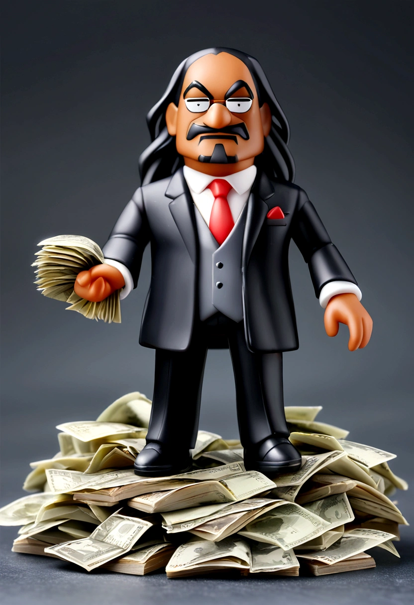 Image of a man in a suit and tie standing in front of a pile of money, The Nendoroid anime of Snoop Dogg, vinyl action figure, The Nendoroid anime of Karl Marx, dressed in expensive clothes, vinyl toy figure, High-detailed iconic characters, wealthy, q cheeks, super rico, king of capitalism, big boss, untidy hair