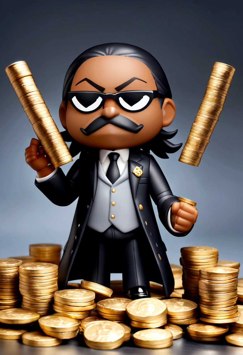 Image of a man in a suit and tie standing in front of a pile of money, The Nendoroid anime of Snoop Dogg, vinyl action figure, The Nendoroid anime of Karl Marx, dressed in expensive clothes, vinyl toy figure, High-detailed iconic characters, wealthy, q cheeks, super rico, king of capitalism, big boss, untidy hair