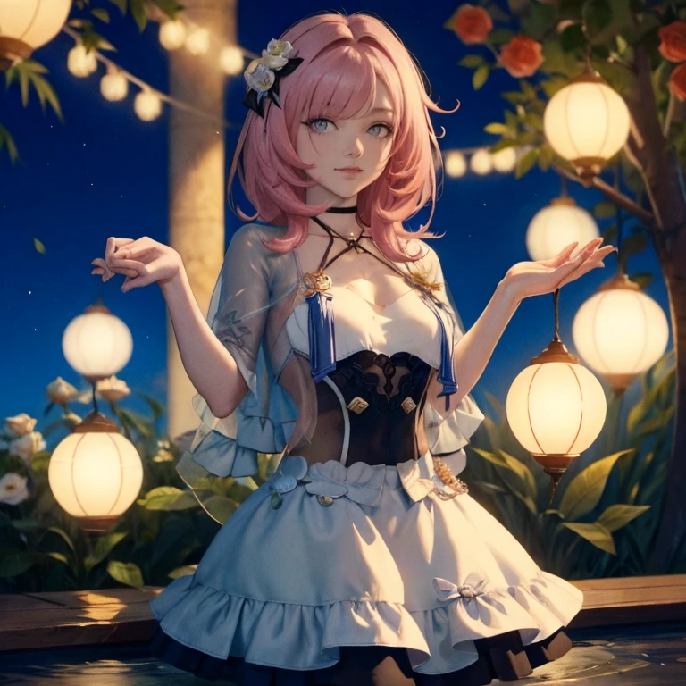 1 girl, ornament hair, perfectly body, perfectly hands, wave hair, pink hair, long hair, seat on garden, shrine scenery, peach flower tree on focus, red chinese lantern, white maid dress, more details on her clothes, white dress with transparency, night, smiling, cape,ornament hair, long hair, 1 girl, Looking at the viewer, flowing hair, Beautiful Eyes, Plump and glossy lips, maid, maid dress with too many frills, white dress, petals in the air, flowers, red roses, white laces, white Short skirt, Drape clothes, pink gem, Lace trim, temple, chinese festival of lanterns, luxury details, gold jewelry, more details, best quality, Big sparkling eyes, blushing, Striped Lace Stockings, white Lolita skirt, sparkle, solo, centered girl, cowboy shot, perfectly body, perfectly hands, two arms, two legs, two hands, five fingers, perfect anatomy, glowing hair, 1girl,maid dress, solo, flowing hair, floating hair, ornament hair, perfectly body, perfectly hands, on the garden, fireworks, more details on her clothes, dress with transparency, golden details on her dress, holding a rose, ((4k, masterpiece, top-quality)),8k, best quality, high resolution, HD, (illustration:0.8), super cute girl, delicate and beautiful face, mature girl, super cute hairstyle, (beautiful detailed eyes:1.6), extremely detailed face, perfect lighting, extremely detailed CG, (perfect hands, perfect anatomy), Best quality, cleavage, small skirt, full Body, two arms, two legs, two hands, five fingers
