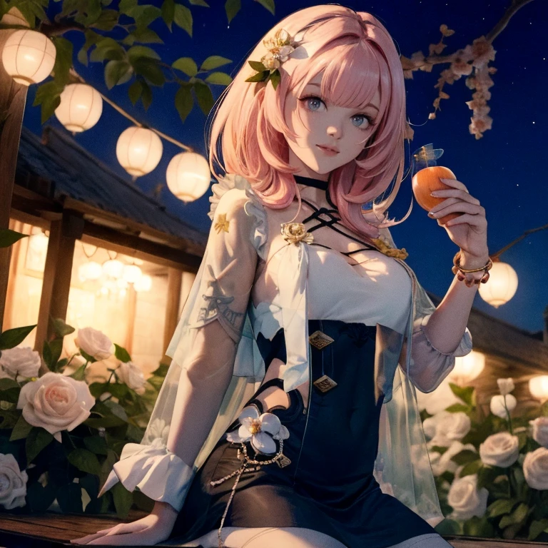 1 girl, ornament hair, perfectly body, perfectly hands, wave hair, pink hair, long hair, seat on garden, shrine scenery, peach flower tree on focus, red chinese lantern, white maid dress, more details on her clothes, white dress with transparency, night, smiling, cape,ornament hair, long hair, 1 girl, Looking at the viewer, flowing hair, Beautiful Eyes, Plump and glossy lips, maid, maid dress with too many frills, white dress, petals in the air, flowers, red roses, white laces, white Short skirt, Drape clothes, pink gem, Lace trim, temple, chinese festival of lanterns, luxury details, gold jewelry, more details, best quality, Big sparkling eyes, blushing, Striped Lace Stockings, white Lolita skirt, sparkle, solo, centered girl, cowboy shot, perfectly body, perfectly hands, two arms, two legs, two hands, five fingers, perfect anatomy, glowing hair, 1girl,maid dress, solo, flowing hair, floating hair, ornament hair, perfectly body, perfectly hands, on the garden, fireworks, more details on her clothes, dress with transparency, golden details on her dress, holding a rose, ((4k, masterpiece, top-quality)),8k, best quality, high resolution, HD, (illustration:0.8), super cute girl, delicate and beautiful face, mature girl, super cute hairstyle, (beautiful detailed eyes:1.6), extremely detailed face, perfect lighting, extremely detailed CG, (perfect hands, perfect anatomy), Best quality, cleavage, small skirt, full Body, two arms, two legs, two hands, five fingers
