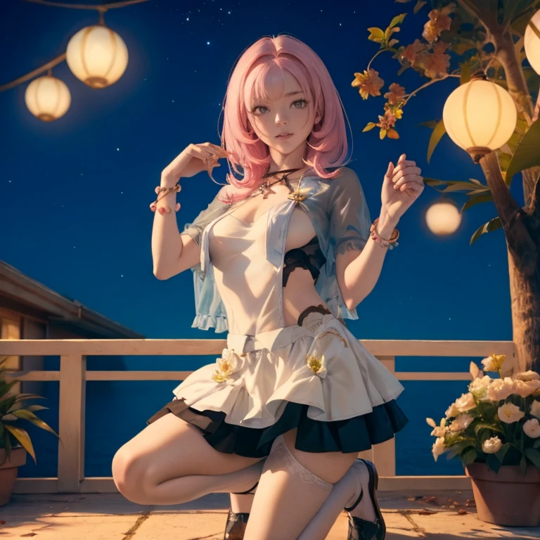 1 girl, ornament hair, perfectly body, perfectly hands, wave hair, pink hair, long hair, seat on garden, shrine scenery, peach flower tree on focus, red chinese lantern, white maid dress, more details on her clothes, white dress with transparency, night, smiling, cape,ornament hair, long hair, 1 girl, Looking at the viewer, flowing hair, Beautiful Eyes, Plump and glossy lips, maid, maid dress with too many frills, white dress, petals in the air, flowers, red roses, white laces, white Short skirt, Drape clothes, pink gem, Lace trim, temple, chinese festival of lanterns, luxury details, gold jewelry, more details, best quality, Big sparkling eyes, blushing, Striped Lace Stockings, white Lolita skirt, sparkle, solo, centered girl, cowboy shot, perfectly body, perfectly hands, two arms, two legs, two hands, five fingers, perfect anatomy, glowing hair, 1girl,maid dress, solo, flowing hair, floating hair, ornament hair, perfectly body, perfectly hands, on the garden, fireworks, more details on her clothes, dress with transparency, golden details on her dress, holding a rose, ((4k, masterpiece, top-quality)),8k, best quality, high resolution, HD, (illustration:0.8), super cute girl, delicate and beautiful face, mature girl, super cute hairstyle, (beautiful detailed eyes:1.6), extremely detailed face, perfect lighting, extremely detailed CG, (perfect hands, perfect anatomy), Best quality, cleavage, small skirt, full Body, two arms, two legs, two hands, five fingers