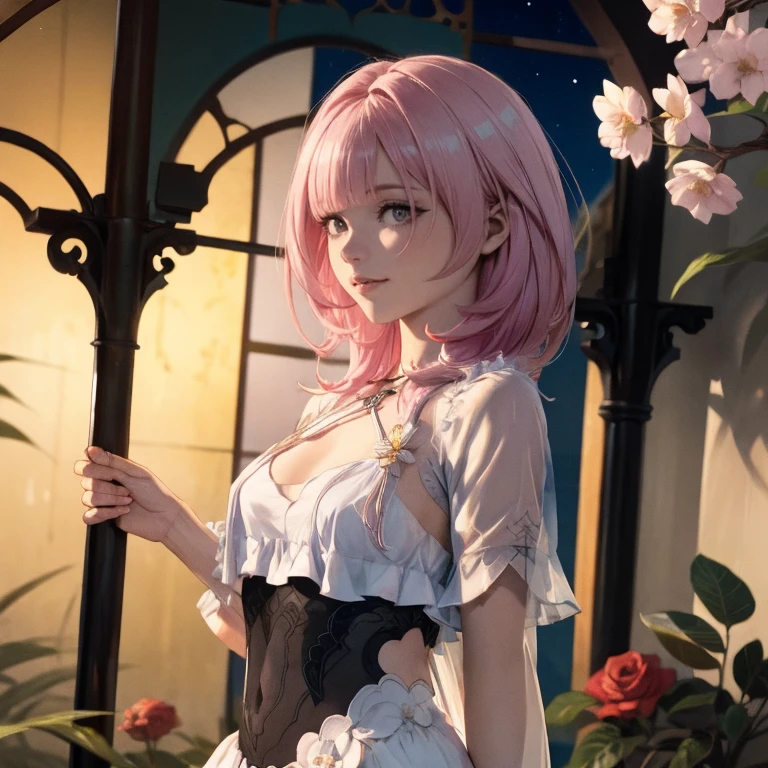1 girl, ornament hair, perfectly body, perfectly hands, wave hair, pink hair, long hair, seat on garden, shrine scenery, peach flower tree on focus, red chinese lantern, white maid dress, more details on her clothes, white dress with transparency, night, smiling, cape,ornament hair, long hair, 1 girl, Looking at the viewer, flowing hair, Beautiful Eyes, Plump and glossy lips, maid, maid dress with too many frills, white dress, petals in the air, flowers, red roses, white laces, white Short skirt, Drape clothes, pink gem, Lace trim, temple, chinese festival of lanterns, luxury details, gold jewelry, more details, best quality, Big sparkling eyes, blushing, Striped Lace Stockings, white ta skirt, sparkle, solo, centered girl, cowboy shot, perfectly body, perfectly hands, two arms, two legs, two hands, five fingers, perfect anatomy, glowing hair, 1girl,maid dress, solo, flowing hair, floating hair, ornament hair, perfectly body, perfectly hands, on the garden, fireworks, more details on her clothes, dress with transparency, golden details on her dress, holding a rose, ((4k, masterpiece, top-quality)),8k, best quality, high resolution, HD, (illustration:0.8), super cute girl, delicate and beautiful face, mature girl, super cute hairstyle, (beautiful detailed eyes:1.6), extremely detailed face, perfect lighting, extremely detailed CG, (perfect hands, perfect anatomy), Best quality, cleavage, small skirt, full Body, two arms, two legs, two hands, five fingers