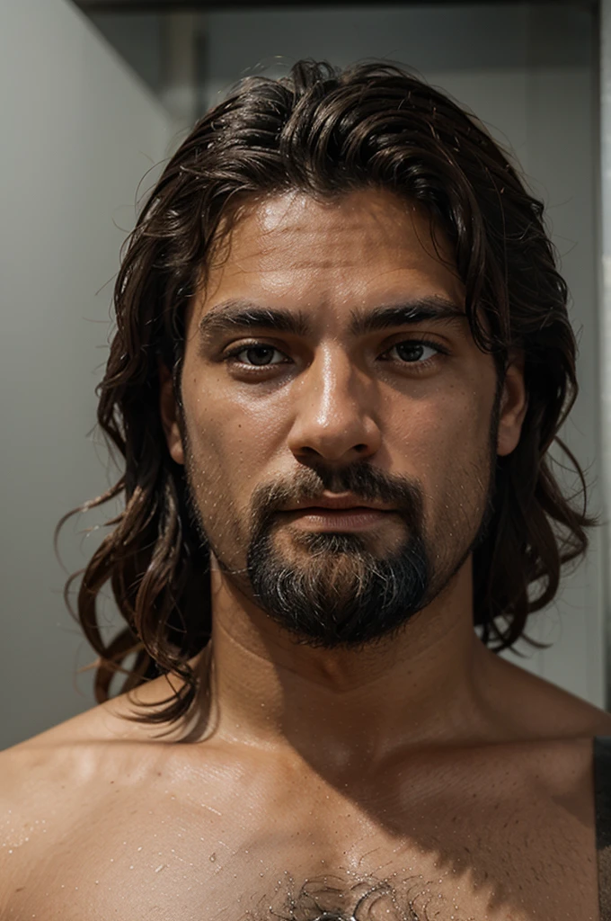 Por favor, create a detailed image of Poseidon's face, the Greek god of the seas, in the style of an ancient statue. The face must reflect classic and serene features of divinity, with an expression that mixes authority and serenity. Hair must be long and flowing, perhaps with seaweed intertwined, indicating its connection with the sea. The skin should look like it was carved from stone, with a smooth finish and textures that suggest the passage of time. The eyes should convey a sense of depth and ancestral knowledge, capturing the essence of a god who rules the oceans. Lighting should be soft, highlighting the details of the face and creating an environment that evokes the feeling of standing in front of a venerable and powerful statue