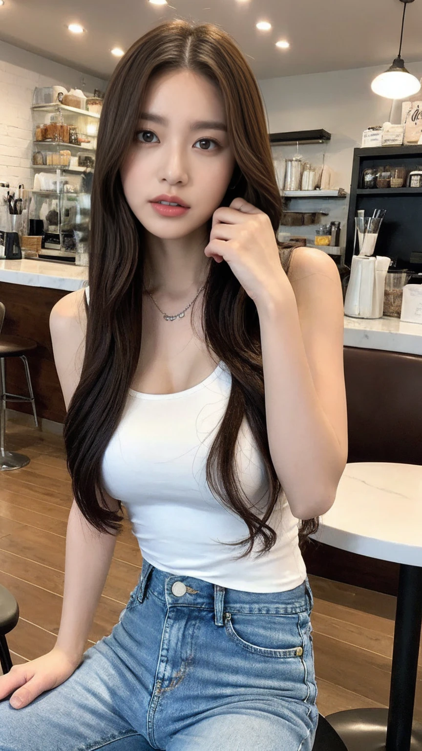 （Realistically， High resolution：1.3）， One girl with perfect body， Very beautiful face and eyes，Long white hair， Random color tank top：1.2， Short Jeans Pants， At the cafe， Coffee on the table， Huge ，