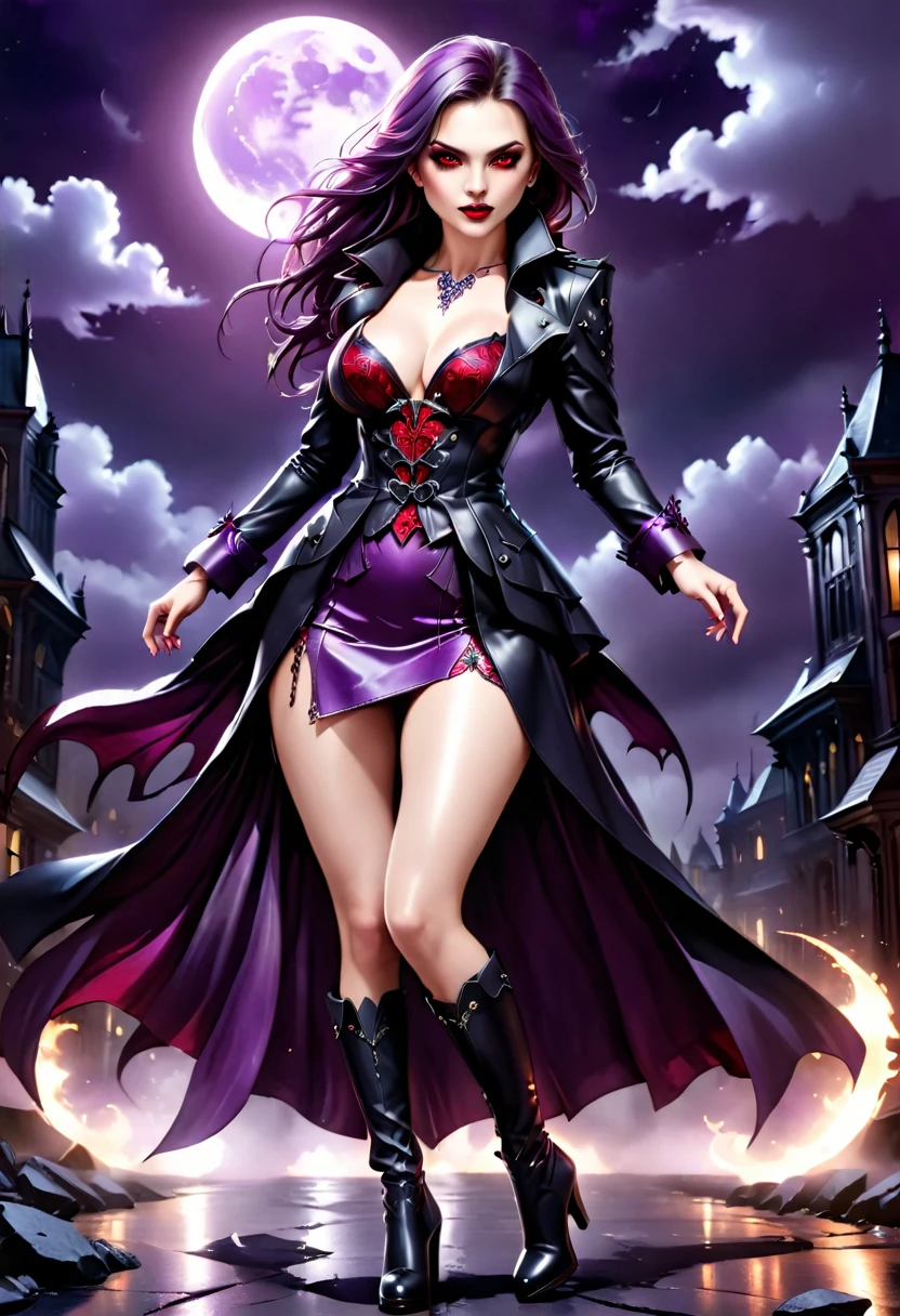 fantasy art, modern and gothic art, (masterpiece:1.5), full body best details, highly detailed, best quality,  highres, full body portrait of a female vampire (Masterpiece, best quality: 1.6), ultra feminine, with a long curvy hair, blond hair, (red:1.3) eyes, ((beautiful delicate face)), Ultra Detailed Face (wearing elegant glamour open black trench coat: 1.5) , (flowing black trench coat: 1.5), wearing an intricate (purple suit: 1.2)  (intricate details, Masterpiece, best quality: 1.3), high heeled boots, urban background (intense details, beat details), fantasy, at night light, natural ,moon light, clouds, gothic atmosphere, soft light, ((anatomically correct: 1.3)), high details, best quality, 16k, [ultra detailed], masterpiece, best quality, (extremely detailed), dynamic angle, drkfntasy, evening dress