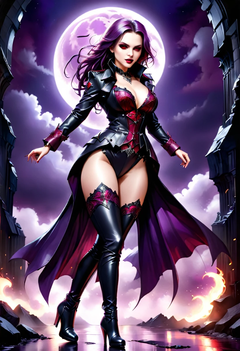 fantasy art, modern and gothic art, (masterpiece:1.5), full body best details, highly detailed, best quality,  highres, full body portrait of a female vampire (Masterpiece, best quality: 1.6), ultra feminine, with a long curvy hair, blond hair, (red:1.3) eyes, ((beautiful delicate face)), Ultra Detailed Face (wearing elegant glamour open black trench coat: 1.5) , (flowing black trench coat: 1.5), wearing an intricate (purple suit: 1.2)  (intricate details, Masterpiece, best quality: 1.3), high heeled boots, urban background (intense details, beat details), fantasy, at night light, natural ,moon light, clouds, gothic atmosphere, soft light, ((anatomically correct: 1.3)), high details, best quality, 16k, [ultra detailed], masterpiece, best quality, (extremely detailed), dynamic angle, drkfntasy, evening dress
