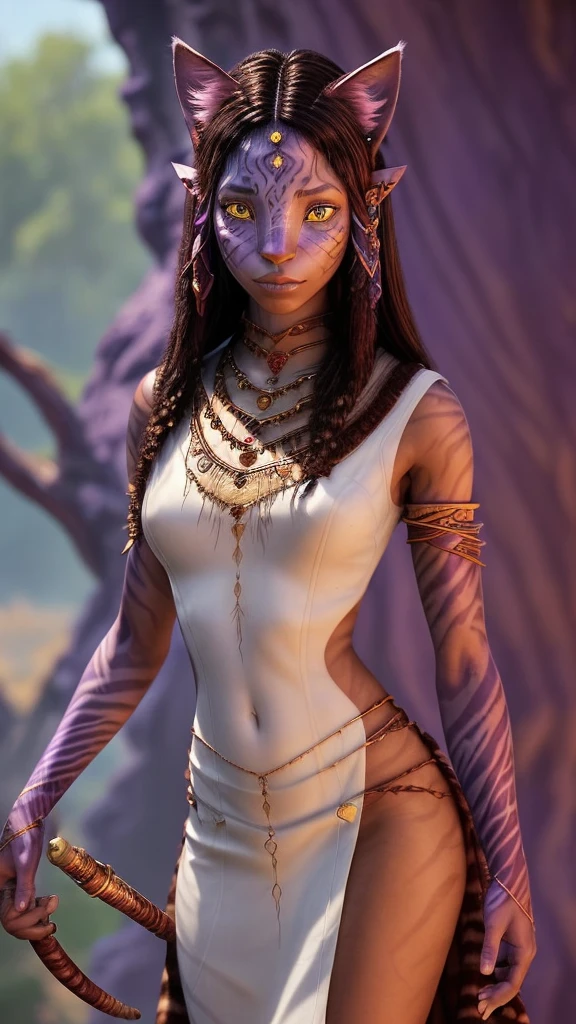 Na'vi woman with purple skin,With dark stripes like a tiger on the skin, Reddish cat ears, long cat nose, red eyes Completely covered in a furry white tribal dress, best quality, perfect face (Arabic clothes and golden jewelry) Holding scepter