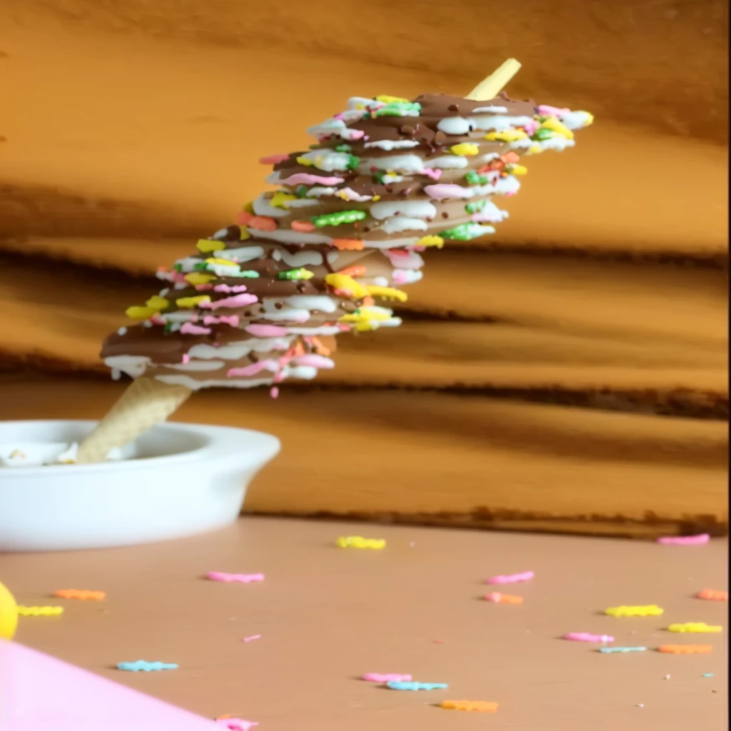there is a chocolate covered ice cream cone with sprinkles on it, sprinkles, chocolate, luscious, milkshake, unedited, mmmmm, ❤🔥🍄🌪, recipe, covered in sprinkles and crumbs, candy decorations, vanilla, DOF alto, homemade, covered in sprinkles, 🐿🍸🍋, bunnysuit, lollipop, productphoto, hips, low DOF