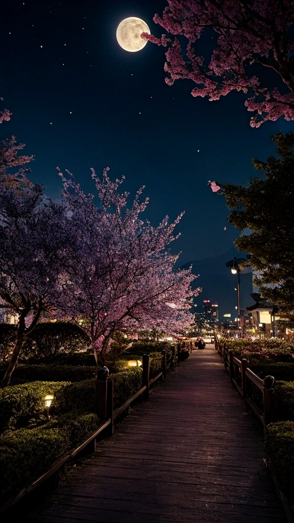 Creates a serene and magical night view. The composition should blend natural elements with the cityscape., Highlight the full moon that lights up the sky. Incorporate vibrant colors, Focus on blue and purple hues、Creates a magical evening atmosphere. A bright full moon should be in the center, casting a glow all around it.. A pink blossoming tree with elegant branches surrounding the top of the image々I will incorporate. Under, Showcasing cityscapes with skyscrapers lit up in various lights. Place a wooden bridge or path in the foreground, Continue to the street, Inviting the audience into this fascinating world. The overall aim is for a calm yet seductive atmosphere, Showcasing the harmonious coexistence of nature and city life under magical moonlight.,Tokyo Sky Tree