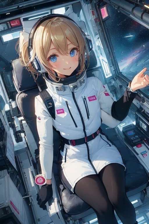 masterpiece, highest quality, high resolution, breasts, 20yo,1 girl,(solo):2,,blonde hair,(inside space station):2,flying:2,floatong:2,zero gravity,wind:1.5,anime lovelive style,
BREAK
headphone,(futurstic tight-fit bodysuit):2,(shiny silver long downvest):100,(northface silver metallic puffy downvest):2,(puffy):2,(black sleeves):5,(black tights):2,(black belt),futuristic boots and gloves,(smartwatch):100,astrovest
BREAK
1 girls, sitting in spacecraft cabin with 4-point seat belt, securely fastened, space station interior, looking out of large windows at Earth below, beautiful eyes, she have aluminum foil pouch,(aluminum foil pouch with plastic viewing window):2, contains nutritious liquid or puree together, smiling and chatting, bright and cheerful expressions, high quality cinematic lighting, detailed textures, sharp focus,blue hair,blue eyes,