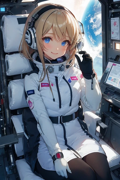 masterpiece, highest quality, high resolution, breasts, 20yo,1 girl,(solo):2,,blonde hair,(inside space station):2,flying:2,floatong:2,zero gravity,wind:1.5,anime lovelive style,

BREAK
headphone,(futurstic tight-fit bodysuit):2,(shiny silver long downvest):100,(northface silver metallic puffy downvest):2,(puffy):2,(black sleeves):5,(black tights):2,(black belt),futuristic boots and gloves,(smartwatch):100,astrovest
BREAK
1 girls, sitting in spacecraft cabin with 4-point seat belt, securely fastened, space station interior, looking out of large windows at Earth below, beautiful eyes, she have aluminum foil pouch,(aluminum foil pouch with plastic viewing window):2, contains nutritious liquid or puree together, smiling and chatting, bright and cheerful expressions, high quality cinematic lighting, detailed textures, sharp focus,blue hair,blue eyes,
